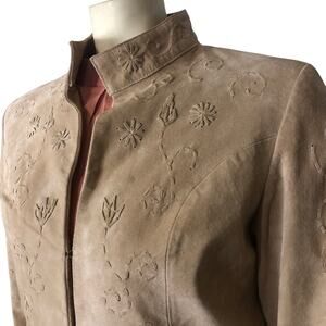 Suede Embroidered flower tan coat Coldwater Creek small